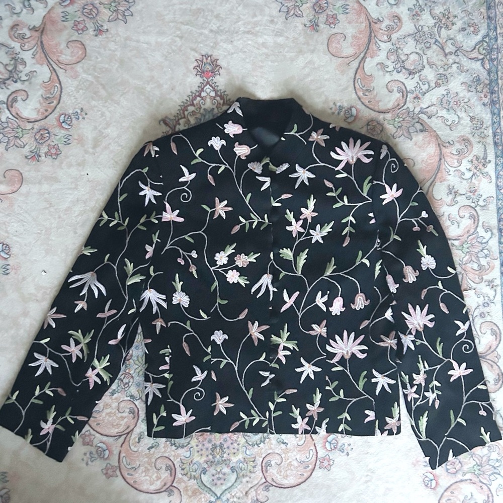 Vintage Burberry’s of London Wool Floral Embroidered Black Jacket/Blazer-size 10